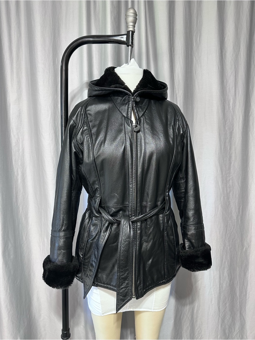 Black Faux Shearling Trim Leather Jacket with Hood Wilsons Black Leather